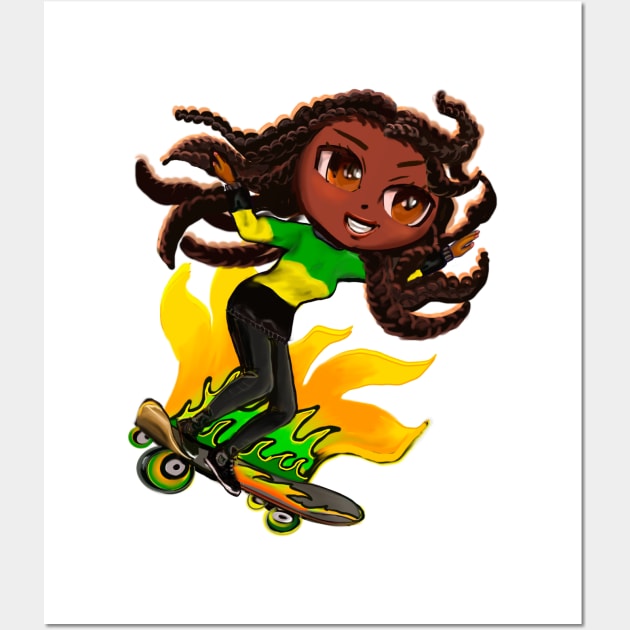 Jamaica jumper women skateboarding girl manga anime girl Jamaican girl on skateboard wearing jumper with colours of Jamaican flag black green and yellow women Wall Art by Artonmytee